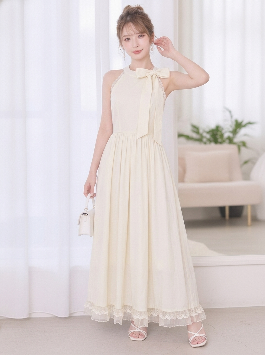 リボン付き レース ロングワンピース