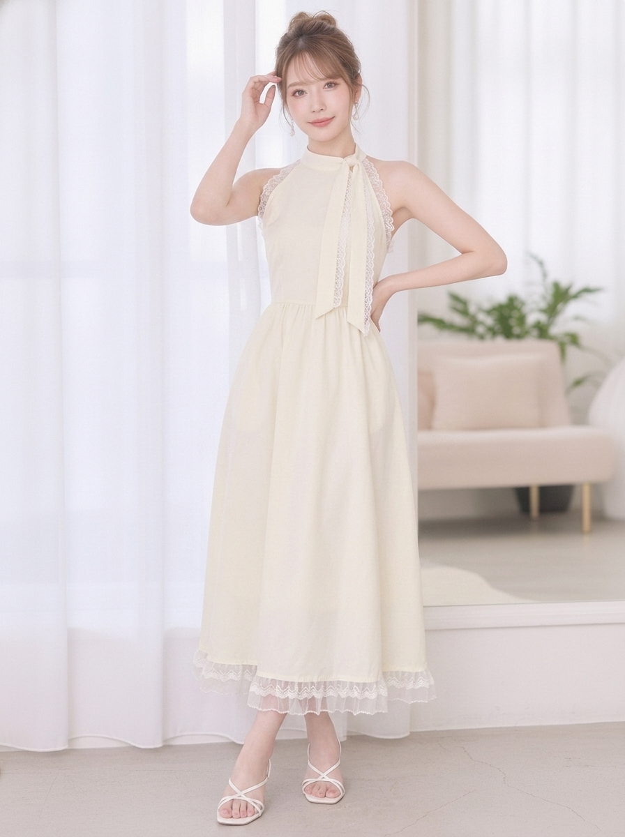 リボン付き レース ロングワンピース