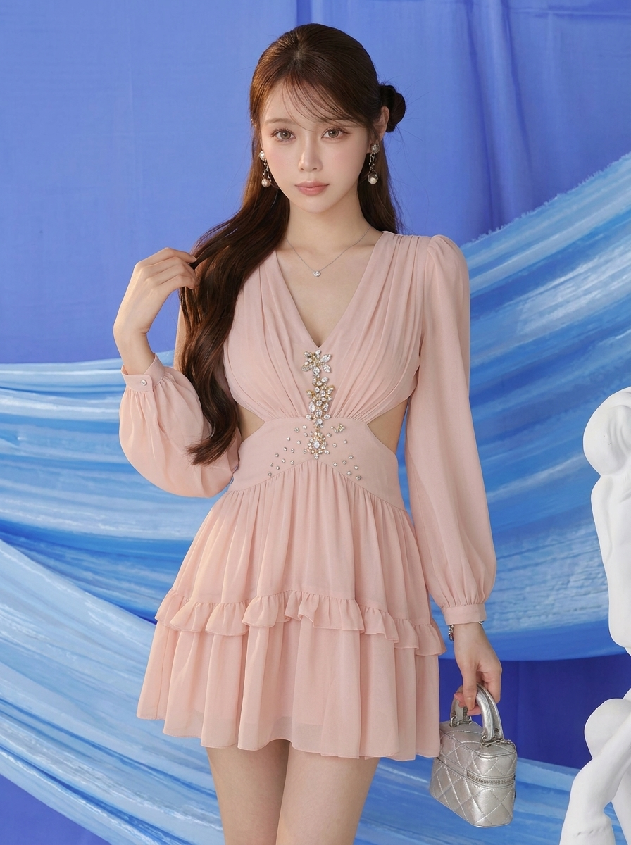 Vネック ビジュー付き 長袖 ハイウエスト ミニワンピース