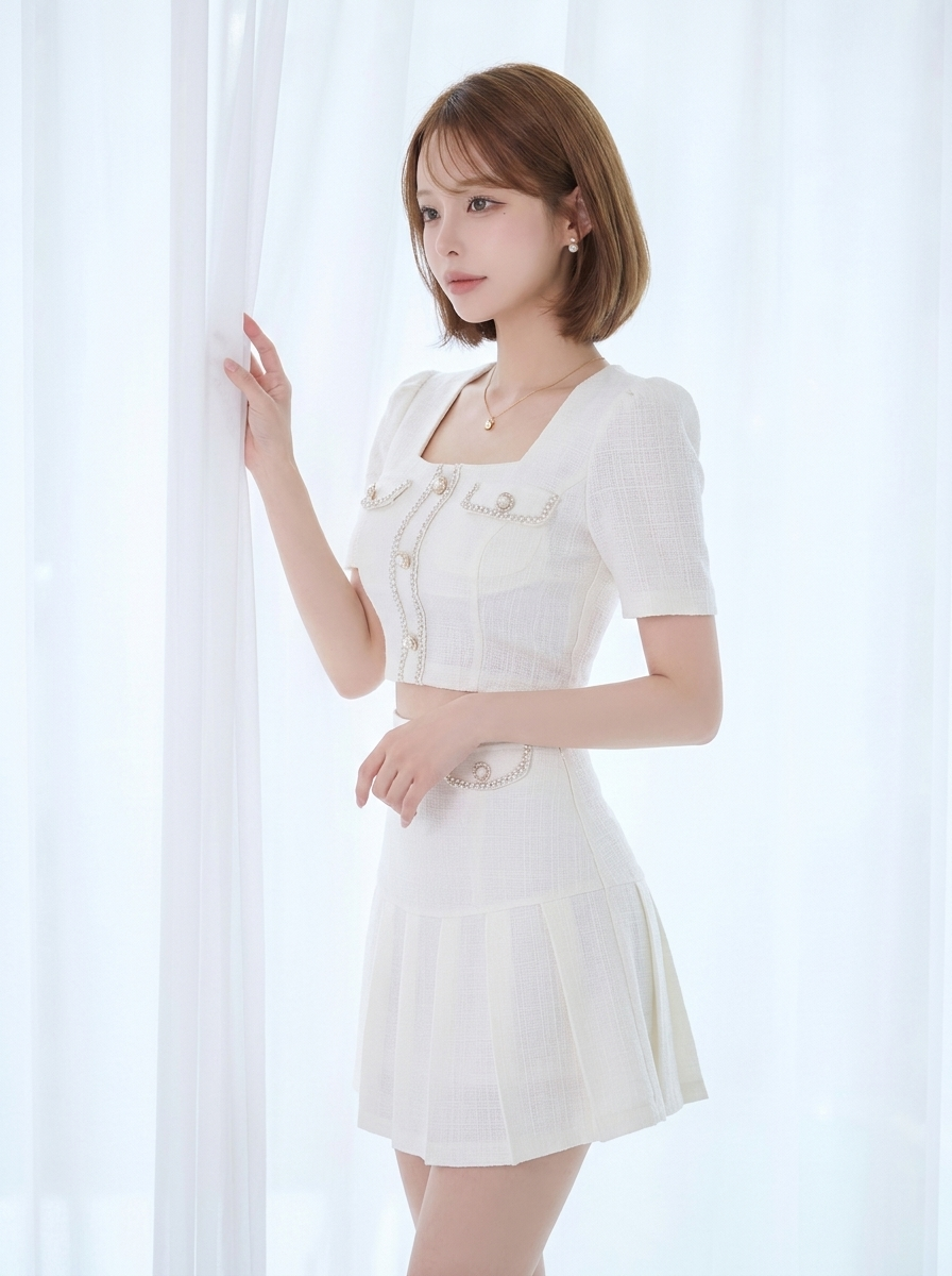 スクエアネック 半袖トップス＆スカートセットアップ